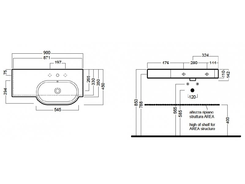 Купить Раковина Hatria Area Y0UY 01 90*45 см правая DX