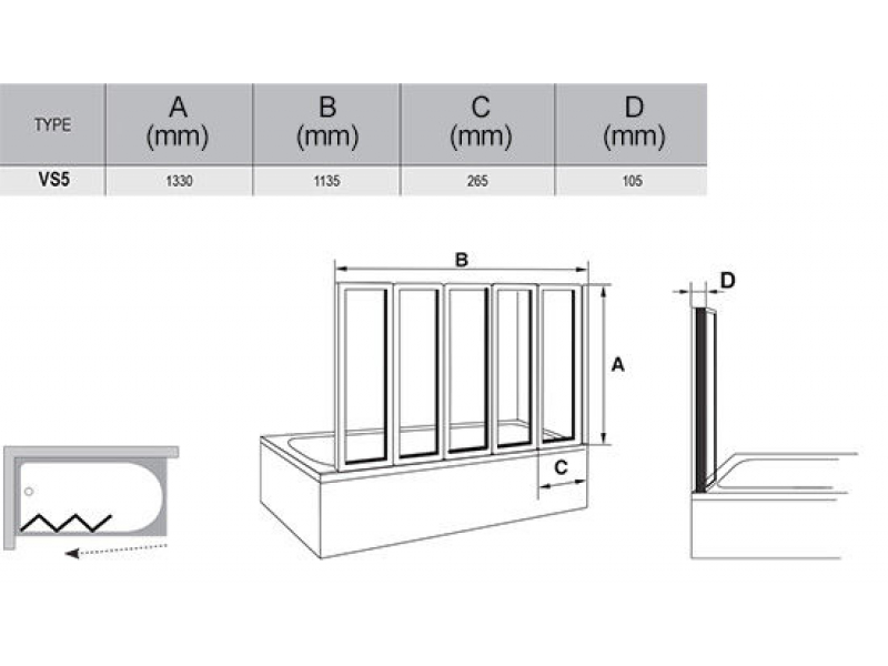 Купить Шторка для ванны Ravak VS5, профиль белый, витраж полистирол рейн, 794E010041