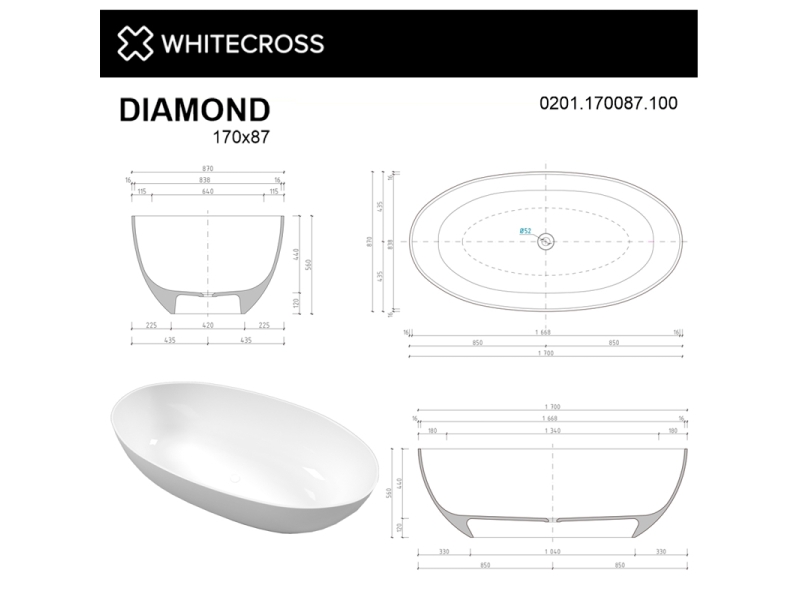 Купить Ванна из искусственного камня Whitecross Diamond, 170 х 87 см, белый глянец, 0201.170087.100