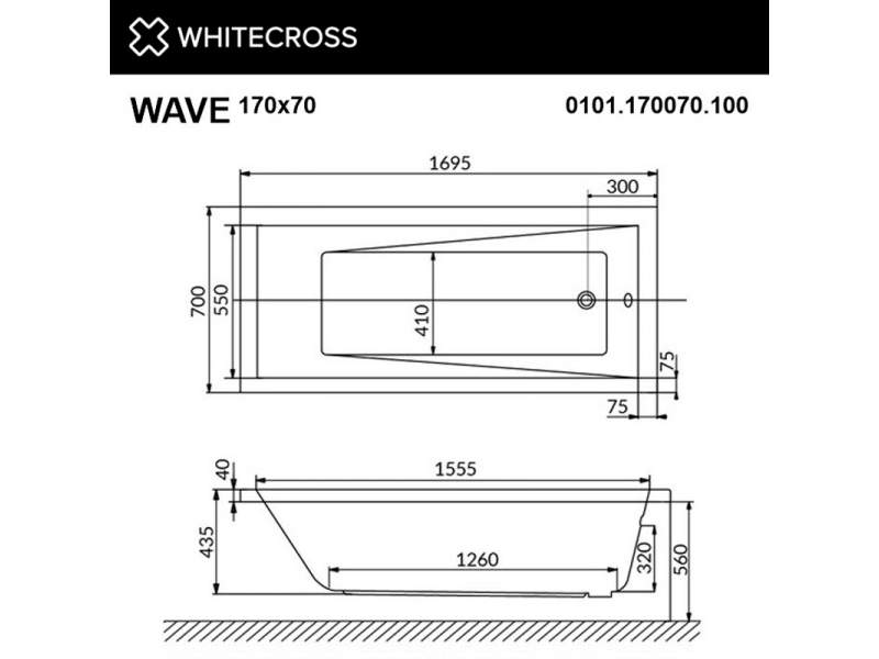 Купить Ванна акриловая Whitecross Wave, 170 х 70 см, увеличенная толщина акрила, усиленная армировка, 0101.170070.100