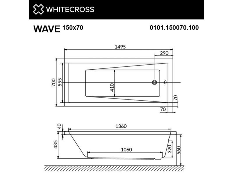 Купить Ванна акриловая Whitecross Wave, 150 х 70 см, увеличенная толщина акрила, усиленная армировка, 0101.150070.100