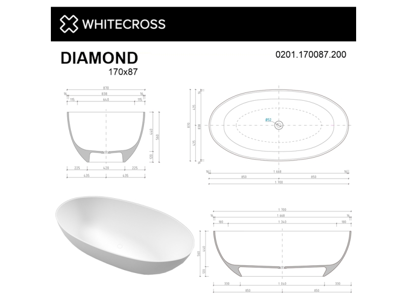 Купить Ванна из искусственного камня Whitecross Diamond, 170 х 87 см, белый матовый, 0201.170087.200