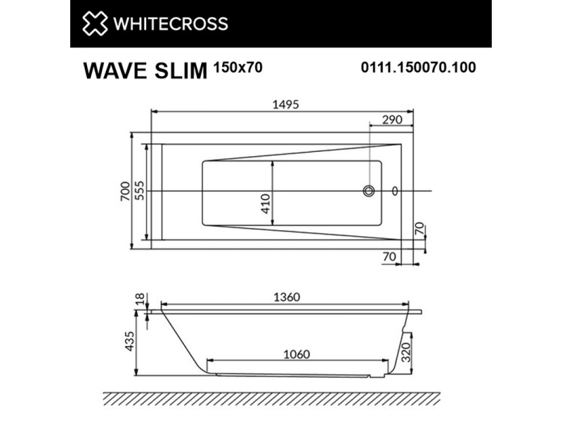 Купить Ванна гидромассажная Whitecross Wave Slim Soft, 150 х 70 см, белая/хром, 0111.150070.100.SOFT.CR