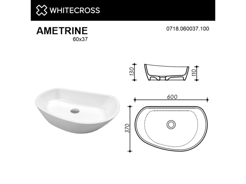 Купить Раковина Whitecross Ametrine, 60 х 37 см, накладная, белая, 0718.060037.100