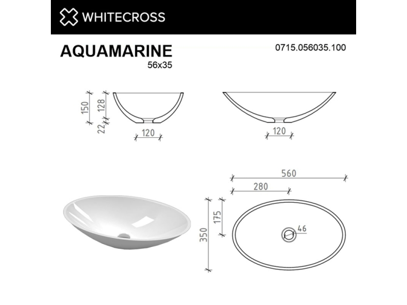 Купить Раковина Whitecross Aquamarine, 56 х 35 см, накладная, белая, 0715.056035.100