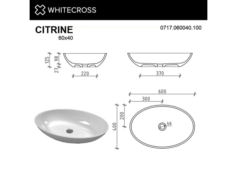 Купить Раковина Whitecross Citrine, 60 х 40 см, накладная, белая, 0717.060040.100