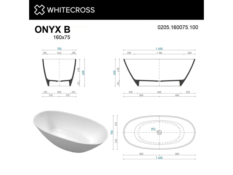 Купить Ванна из искусственного камня Whitecross Onyx B, 160 х 75 см, белая, 0205.160075.100