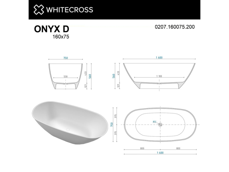 Купить Ванна из искусственного камня Whitecross Onyx D, 160 х 75 см, белая матовая, 0207.160075.200