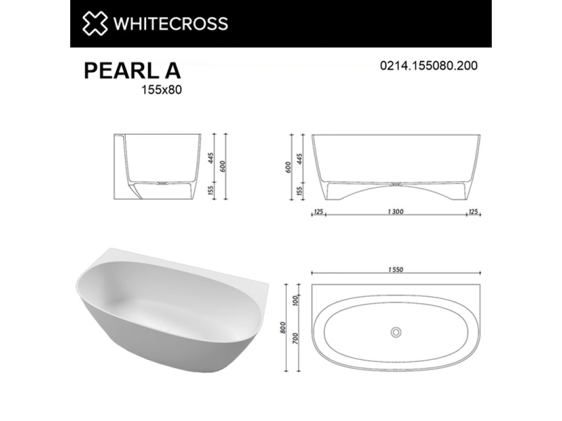 Купить Ванна из искусственного камня Whitecross Pearl A, 155 х 80 см, белая матовая, 0214.155080.200