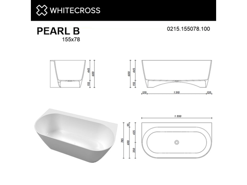 Купить Ванна из искусственного камня Whitecross Pearl B, 155 х 78.5 см, белая, 0215.155078.100