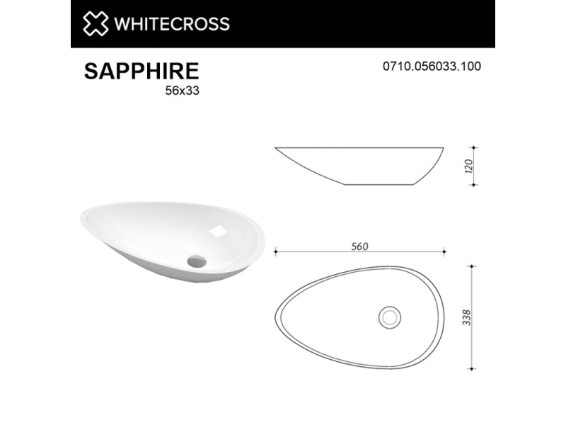 Купить Раковина Whitecross Sapphire, 56 х 33.8 см, накладная, белая, 0710.056033.100