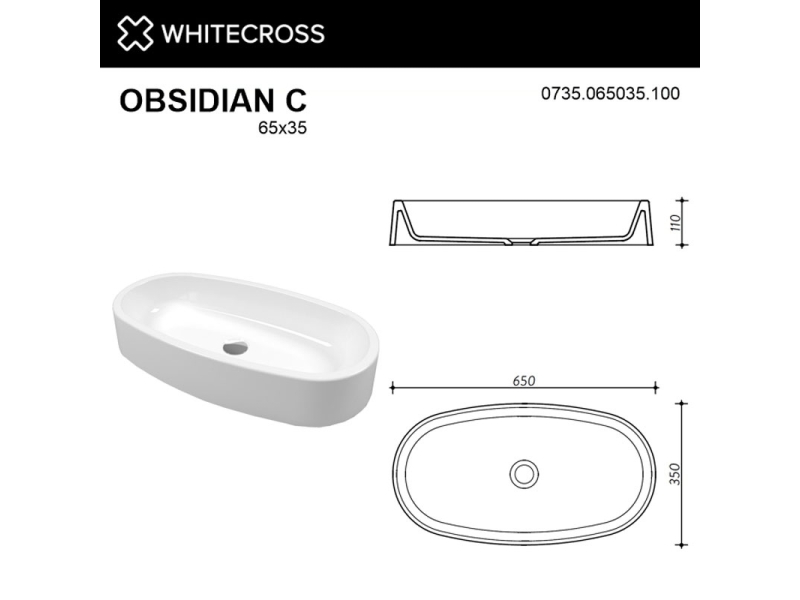 Купить Раковина Whitecross Obsidian C, 65 х 35 см, накладная, белая, 0735.065035.100