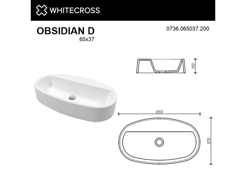 Купить Раковина Whitecross Obsidian D, 65 х 37 см, накладная, белая матовая, 0736.065037.200