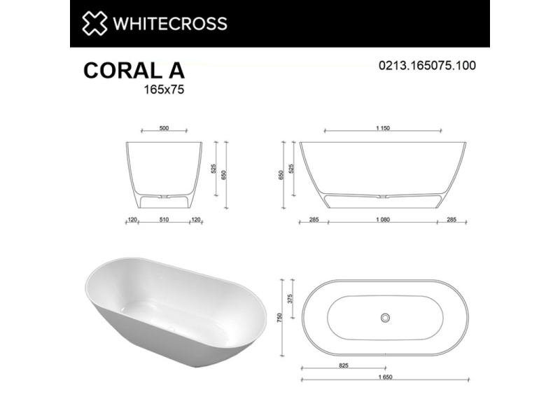 Купить Ванна из искусственного камня Whitecross Coral A, 165 х 75 см, белая, 0213.165075.100