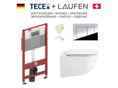 Инсталляция Tece Tecebase, клавиша хром, с унитазом Laufen Pack Pro, сиденье микролифт, комплект 6 в 1, белый, 8.6996.6.940.041.2