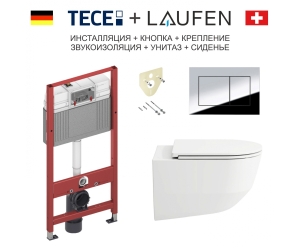 Инсталляция Tece Tecebase, клавиша хром, с унитазом Laufen Pack Pro, сиденье микролифт, комплект 6 в 1, белый, 8.6996.6.940.041.2