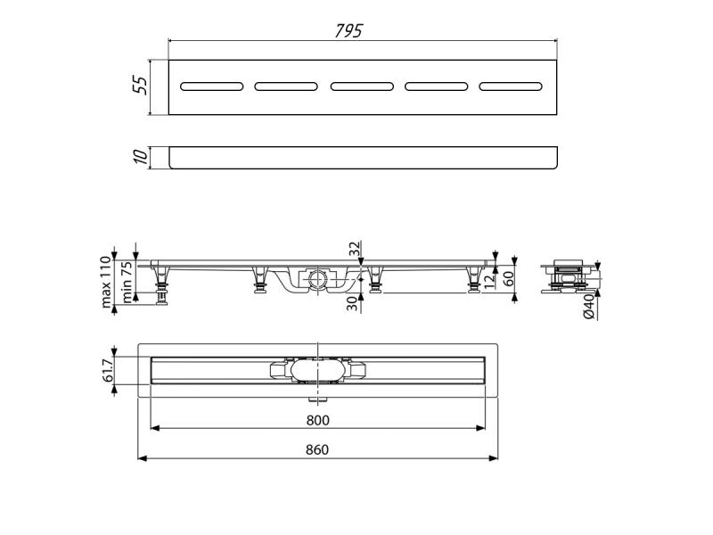 Купить Дренажный канал Timo Eco SP10-800, 80 см, желоб из пластика, перфорированная решетка, хром, SP10800-SG10800