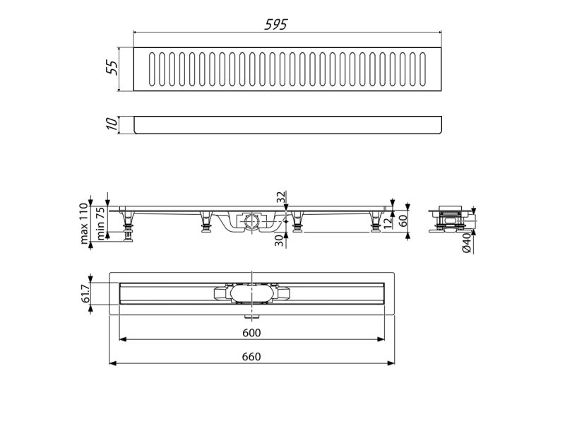 Купить Дренажный канал Timo Eco SP10-600, 60 см, желоб из пластика, перфорированная решетка, хром, SP10600-PC10600