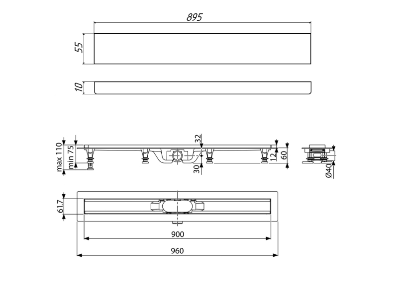 Купить Дренажный канал Timo Eco SP10-900, 90 см, желоб из пластика, вставка под плитку, хром, SP10900-PG10900