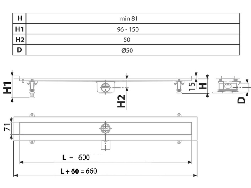 Купить Водоотводящий желоб Timo Standart 60 см, нержавеющая сталь, DP20-600