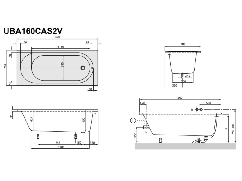 Купить Акриловая ванна Villeroy&Boch O.Novo 160 x 70 см UBA160CAS2V-01