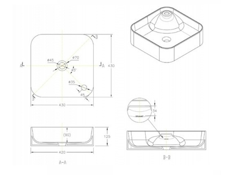 Купить Раковина Bravat Source C22238W-1-ENG 43 x 43 x 13 см накладная, прямоугольная, отверстие под смеситель, белый