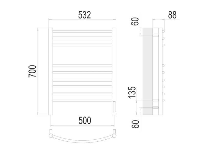 Купить Полотенцесушитель электрический Terminus Классик П9 500х700 (sensor quick touch), ширина 53.2 см, высота 70 см, хром, 4670078527356